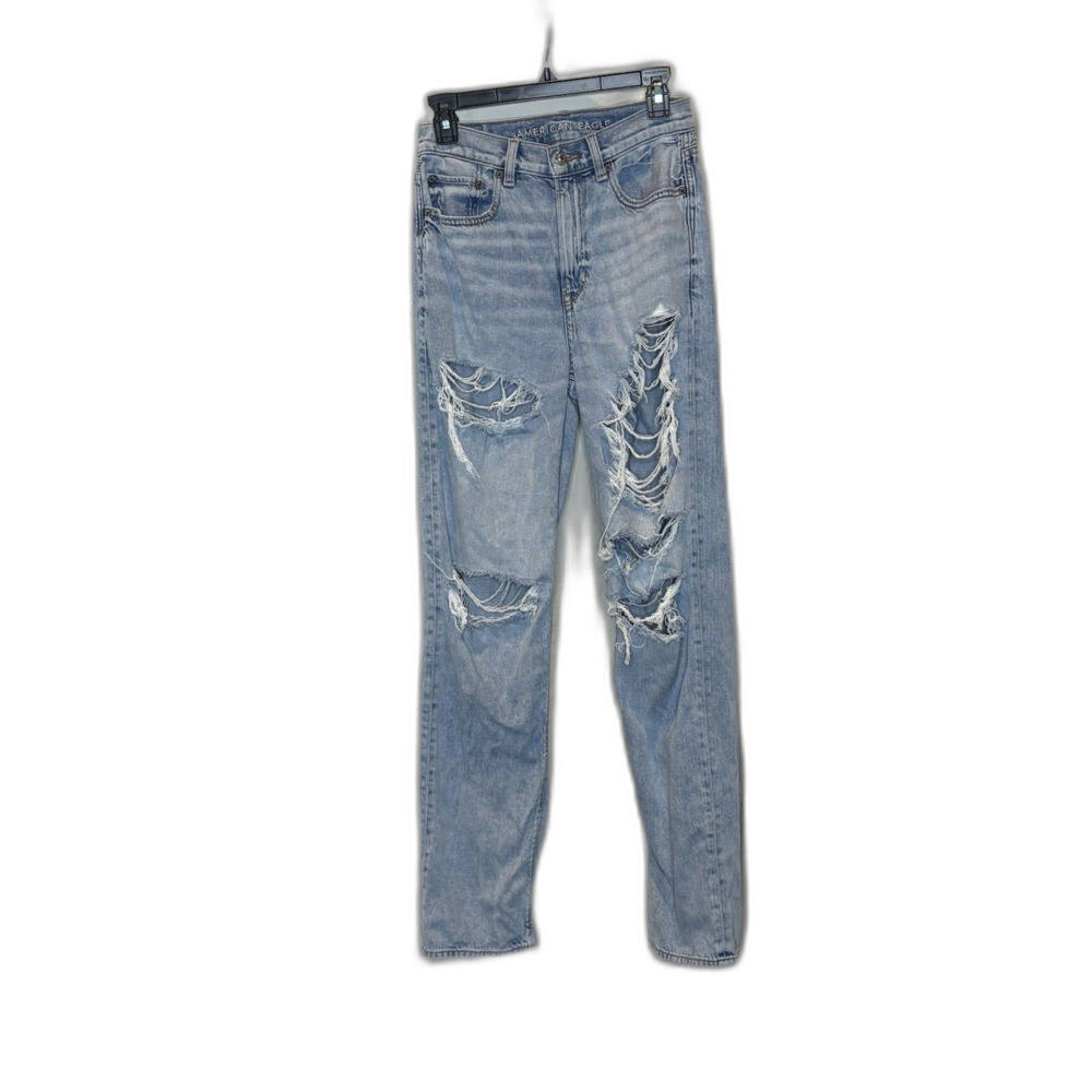 American Eagle Baggy Jean Jeans Denim Light Wash Blue Distressed Size 2 Womens